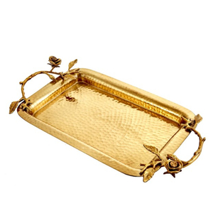 Plateau de service en laiton antique martelé artisanal avec poignées de fleurs décoratives parfait pour la décoration intérieure et les ustensiles de cuisine - Product Image 1