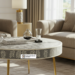 Mesa de Centro Redonda Moderna de Madera con Incrustaciones de Hueso Gris Artesanal, Diseño Floral y Base de Metal Dorado - Product Image 2