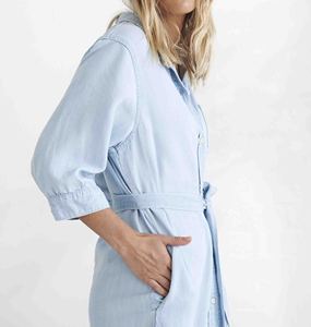 Stunning Summer Denim Cotton Women's Maxi A-Line Casual Dress Functional Button Front Collar Front Patch <b>Pocket</b> Curved Hemline - Product Image 3