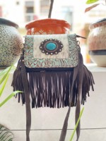 Bolso de mano de cuero vacuno occidental con flecos, bolso bandolera de color turquesa con piedras, estilo gitano bohemio occidental, bolso hecho a mano, bolsos multiusos