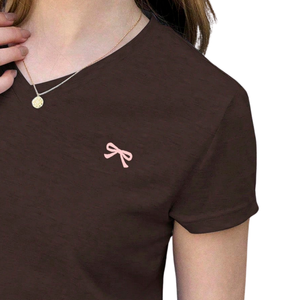 Camiseta informal de manga corta para mujer, cuello redondo, algodón suave, bordado de lazo, ajuste delgado, Top básico, ropa de moda para uso diario de verano - Product Image 3