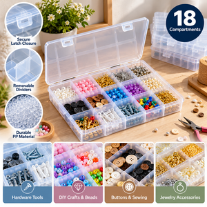 Caja Organizadora de Joyería Cuadrada de Plástico Transparente con 18 Compartimentos, Apta para Lavavajillas, Portátil, para Cuentas, Manualidades, Ferretería y Piezas Pequeñas - Product Image 6