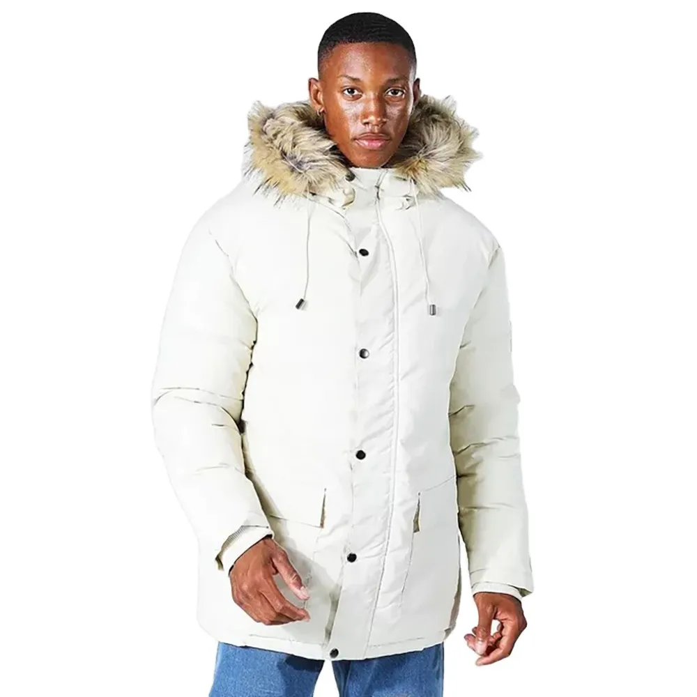 Veste parka rembourrée à capuche en fourrure, 2 poches avant, manches longues, ourlet droit, teinture unie, au design personnalisé