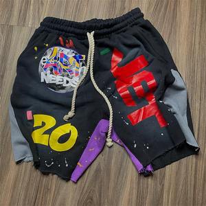 Custom Vintage Screen Print Cotton Terry Patchwork <b>Shorts</b> Raw Hem Edge Sun Fade Cut n Sew Distressed Acid Wash <b>Shorts</b> for Men - Product Image 3