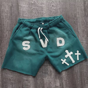 Meilleure qualité hommes Streetwear sueur court soleil délavé coton français éponge appliques détresse broderie Vintage lavage à l'acide court - Product Image 3