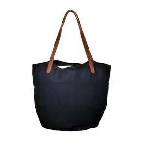 Wholesale eco friendly black color Custom Reusable Heavy Duty Shopping Tote cotton Bag With Leather Handles