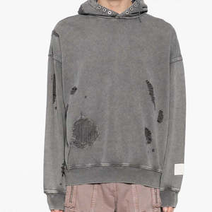 Nouveau style – Sweat à capuche déchiré pour homme, printemps, en polyester/coton, avec appliques, streetwear, haute qualité, épaules tombantes - Product Image 1