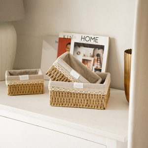 Rectangular Handwoven Seagrass Storage <b>Baskets</b> with <b>Linen</b> Lining and Lace Trim - Product Image 5
