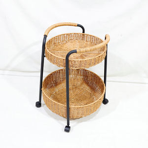 Chariot en osier à 2 niveaux panier rond cadre en métal avec roues organisateur tissé à la main pour la maison et le bureau - Product Image 2
