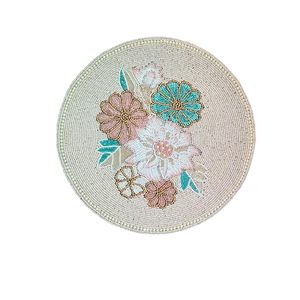 Handcrafted Cream <b>Blue</b> Pink Beaded Round Placemat for Dining <b>Table</b> for Wedding & Christmas Decorations Family Gatherings - Product Image 4