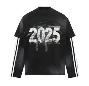 100% Cotton Acid Wash <b>Raglan</b> Cropped Boxy Breathable Fabric Graphic Double Layer <b>Long</b> <b>Sleeve</b> <b>T</b> <b>Shirt</b> for Man - Product Image 4