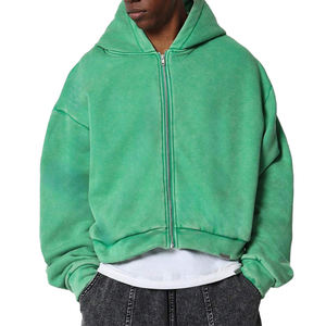 Hombres alta calidad 400 GSM logotipo personalizado capucha 100% algodón cremallera gota hombro recortado lavado Zip up Sudadera con capucha - Product Image 1