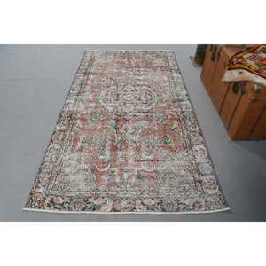 Turkish Area Rug 4.1x7.4 ft, Vintage <b>Red</b> Ikat <b>Wool</b> Rug - Product Image 1