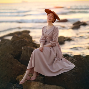 Abito Midi elegante rosa chiaro con colletto dentellato e maniche a sbuffo 100% <span class=keywords><strong>cotone</strong></span> intrecciato in vita naturale per eventi serali - Product Image 3