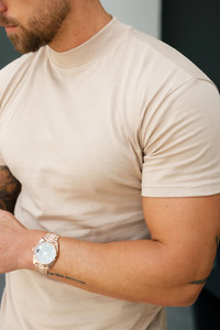 Nouveau à la mode côtelé col haut équipage à manches courtes Beige hommes T-Shirts respirant personnalisé coton Gym Active Fitness T-Shirt pour hommes - Product Image 4