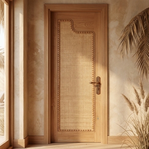 Porte intérieure traditionnelle en bois massif avec incrustation en rotin naturel et cadre décoratif pour chambre à coucher - Product Image 4