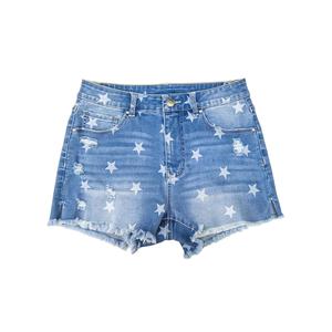 Paola Riboni Shorts de mezclilla desgastados con estampado de estrellas, cintura alta, dobladillo deshilachado, estilo streetwear de verano para mujer - Product Image 1