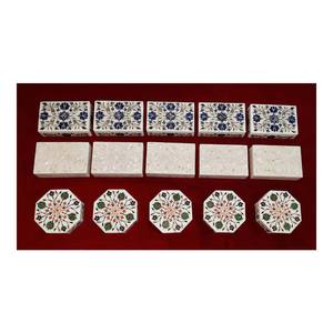 Travail d'incrustation de marbre de pierre précieuse blanche de haute qualité personnaliser des boîtes de rangement de bijoux de forme pour la décoration à la maison et les cadeaux - Product Image 1