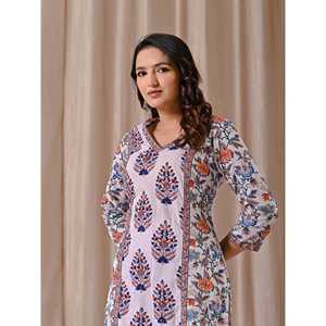 White Cotton Straight Fit Kurti Butta Block Print Ethnic Indian <b>Dress</b> for Women Pakistani Styled Saree Salwar Kameez Stitched - Product Image 1