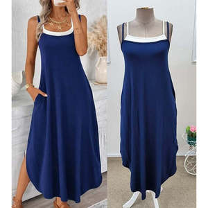 Robe longue en viscose à bretelles et col rond pour femme avec poches, 35588 - Bleu - Product Image 4