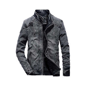 Veste en jean décontractée à fermeture éclair pour hommes doublée de fausse fourrure Style Streetwear vintage col montant lavé finition en détresse bouton décoration - Product Image 1