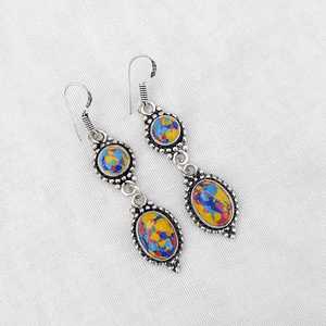 Boucles d'oreilles pendantes en mosaïque de jaspe multi-pierres, plaquées argent 925, faites à la main, bijoux bohèmes, boucles d'oreilles en pierres précieuses, cadeau - Product Image 1