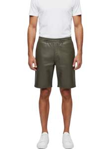 <b>Mens</b> Casual Elastic Waist Genuine <b>Leather</b> Look <b>Shorts</b> Solid Color Mid Length Streetwear Bottoms - Product Image 4