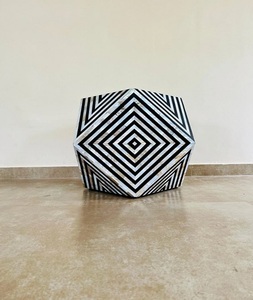 Bone Inlay <b>Bed</b> Side <b>Stool</b> Diamond Shape Striped Design <b>Stool</b> in Black Bone Inlay Console From India for Living Room Furniture - Product Image 2