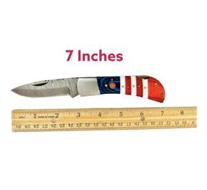 American Flag Handle Custom Handmade Damascus Steel Back Lock Folding Pocket <b>Knife</b> With Leather <b>Sheath</b> - Product Image 4