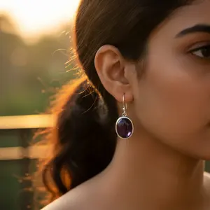 Boucles d'oreilles vintage en argent 925 avec améthyste pour femmes, boucles d'oreilles créoles tendance plaquées or 14K 18K, pierre précieuse en forme de cœur - Product Image 2