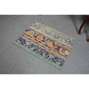 Alfombra de lana turca vintage de 2x2,7 pies, tejido plano de gran tamaño, respaldo de látex, diseño de retazos azul naranja para decoraciones de sala de estar - Product Image 4