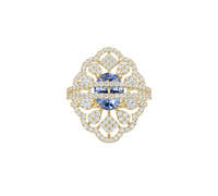 Anillo de Zafiro Azul para Mujer, Oro Amarillo de 14K, Gema Ovalada, Diamantes, Diseño de Escudo, Estilo Cóctel, Encaje Ornamentado, Mandala, Regalo Vintage
