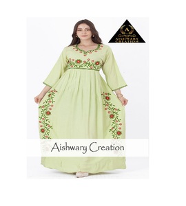 Elegante Vestido Túnica Midi de Algodón para Mujer, Estampado Floral de Verano, Cuello Bordado, Estilo Kaftan para Uso Diario - Product Image 1