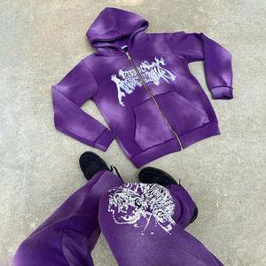 Ensemble survêtement évasé délavé à l'acide personnalisé ensemble sweat-shirt à capuche zippé streetwear vintage avec logo personnalisé - Product Image 4