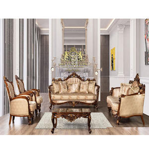 Juego de sofás tallados a mano de estilo europeo, juego de sofás reales de acabado de nogal antiguo, juego de sofás reales con acabado de nogal antiguo - Product Image 1