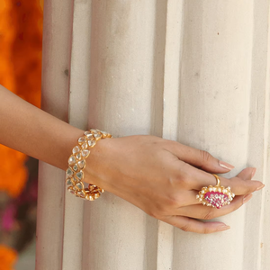 กำไล Kundan ชุบทองแบบดั้งเดิมพร้อมแหวนหินแร่แร่คุณภาพสูงดีไซน์แบบอินเดียกำไลพร้อมแหวนสำหรับผู้หญิง - Product Image 1