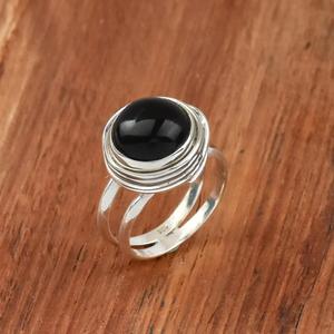 แหวนโอนิกซ์สีดำธรรมชาติ925สเตอร์ลิงเงินรอบหินลวดห่อแหวนคำสั่งเครื่องประดับเจ้าสาวหินสีดำของขวัญสำหรับเธอ - Product Image 1
