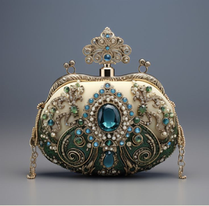 Bolso de mano con forma de frasco de perfume con incrustaciones de joyas de esmeralda. Disponible a precios de mayoreo. - Product Image 1