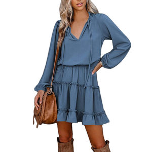 Custom Fabric <b>Balloon</b> Long Sleeve V-Neck Designer Ruffle Fashion New Arrival Women Top - Product Image 1