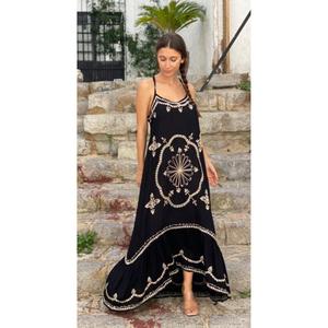 Nouvelle collection en gros bleu blanc brodé dentelle bohème sans manches longueur au sol taille naturelle bouton Boho Maxi robe - Product Image 1