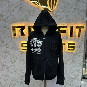 Sudadera con Capucha y Cremallera de Diseño Nuevo a Demanda de los Clientes 2026, Chaqueta con Cremallera y Pedrería, Lavado Ácido, Sudadera de Forro Polar para Hombre, Estilo Urbano - Product Image 1