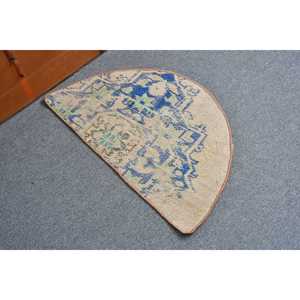 Alfombra Turca Redonda Vintage de 2.5x1.5 pies, Alfombra de Lana Azul Sólida - Product Image 1