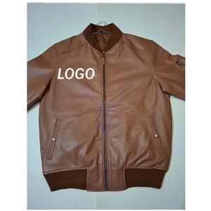 Men's Brown Bomber Leather <b>Jacket</b> With Fleece Collar Stylish Outerwear - Product Image 1