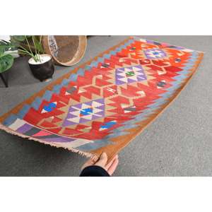 Classic Kilim Red <b>Brown</b> <b>Wool</b> Rug 2,8 X 5,4 ft Turkish Classic Style Abstract Pattern for Living Room Hallway 10mm Latex - Product Image 5