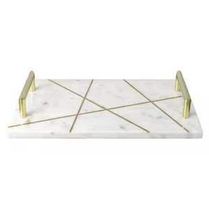 Plateau de service en marbre blanc Nouveaux derniers plateaux de maison et de table Plateau de service en marbre en gros de haute qualité avec poignée en laiton - Product Image 2