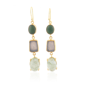 Boucles d'oreilles pendantes colorées à trois pierres quartz fraise vert naturel, agate de dentelle bleue et gouttes de prehnite cadeau plaqué or pour elle - Product Image 2