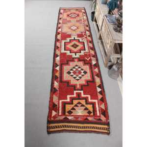 Vintage Rug, 2.8x12.3 ft <b>Runner</b> Turkish Rug, Herki <b>Red</b> Brown Abstract Rug - Product Image 1