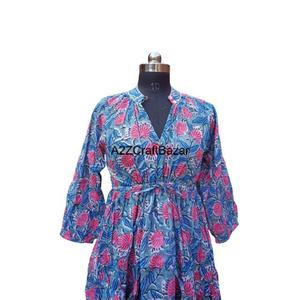 Vestido Midi Ajustado de Manga Larga con Cuello en V y Estampado Indio de Algodón para Mujer, Último Estilo Occidental con Botones y Volantes, Ecológico y Transpirable - Product Image 3