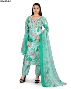 Elegante conjunto de Kurti de algodón con estampado de lámina bordado cuello de viscosa trabajo a juego inferior y Ropa Étnica cosida dupatta fluida - Product Image 4