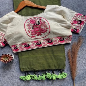 Sari de Algodón Khadi VASTRA COTTAGE con Diseño de Blusa Hecha a Mano con Khadi Puro, Talla Ajustable de 38 a 42, Ropa Tradicional - Product Image 4